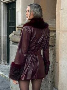 Aloruh Deep Purple Leather & Faux Fur Patchwork Autumn/Winter Jacket - Burgundy - View 2