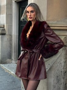 Aloruh Deep Purple Leather & Faux Fur Patchwork Autumn/Winter Jacket - Burgundy - View 5