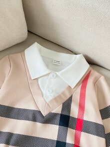 Souflis Souflis 男嬰針織長袖 Polo 衫 2 合 1 套裝，印花套頭上衣搭配鬆緊腰燈芯絨長褲，棕色秋季嬰兒套裝，米色親子款 - 棕色 - 查看 5