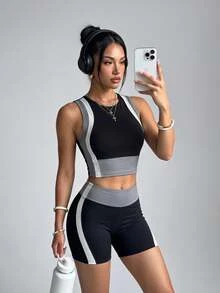 Easithlete Women's Color-Block Paneling Patchwork Cropped Tank Top & Shorts Equestrian Outfit Two-Piece Set Running Gym Workout Outfits - Dark Grey - View 5