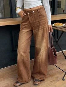 Siren Gaze 女款休閒水洗寬鬆直筒牛仔褲，弧形腿部設計與交叉腰頭，棕色牛仔褲，秋季度假鄉村風穿搭 - 棕色 - 查看 1