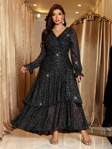 Reflora Plus Size Women's V-Neck Long Sleeve Sequin Ruffle Hem Elegant Dress Christmas - Black - View 8
