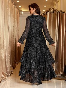 Reflora Plus Size Women's V-Neck Long Sleeve Sequin Ruffle Hem Elegant Dress Christmas - Black - View 3