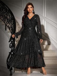 Reflora Plus Size Women's V-Neck Long Sleeve Sequin Ruffle Hem Elegant Dress Christmas - Black - View 1