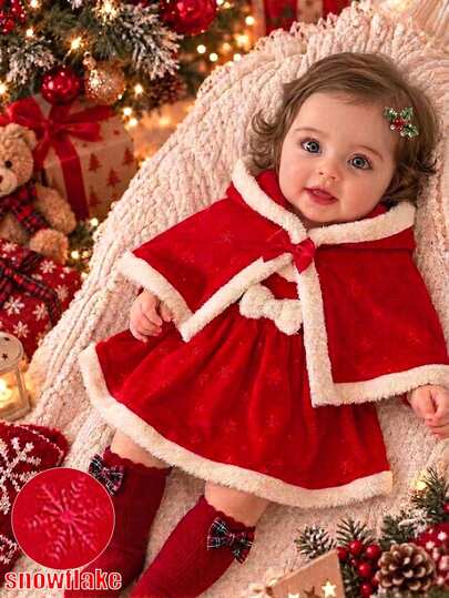 SHEIN Bộ 2 món váy và áo choàng cho bé gái chập chững, màu đỏ rượu vang, phong cách thanh lịch, nơ đỏ, viền lông giả, họa tiết bông tuyết, không tay, có mũ, dày dặn, vải lông xù, cho mùa đông và lễ hội