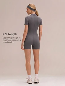 GLOWMODE 4.4" ButterFit GlowSuit Quick-Dry UV Protection Short Sleeve Front Zipper Curved Paneling Back Seam Design Anti-Slip Hem Zip Bodysuit Summer - Volcanic Gray - View 2