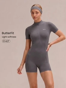 GLOWMODE 4.4" ButterFit GlowSuit Quick-Dry UV Protection Short Sleeve Front Zipper Curved Paneling Back Seam Design Anti-Slip Hem Zip Bodysuit Summer - Volcanic Gray - View 1