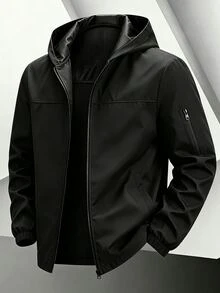 Manfinity Homme Jaket Outdoor Pria Abu-abu Muda Berkerudung Lengan Panjang untuk Olahraga dan Aktivitas Luar Ruangan, Jaket Pakaian Teknologi, Musim Gugur - Hitam - View 2