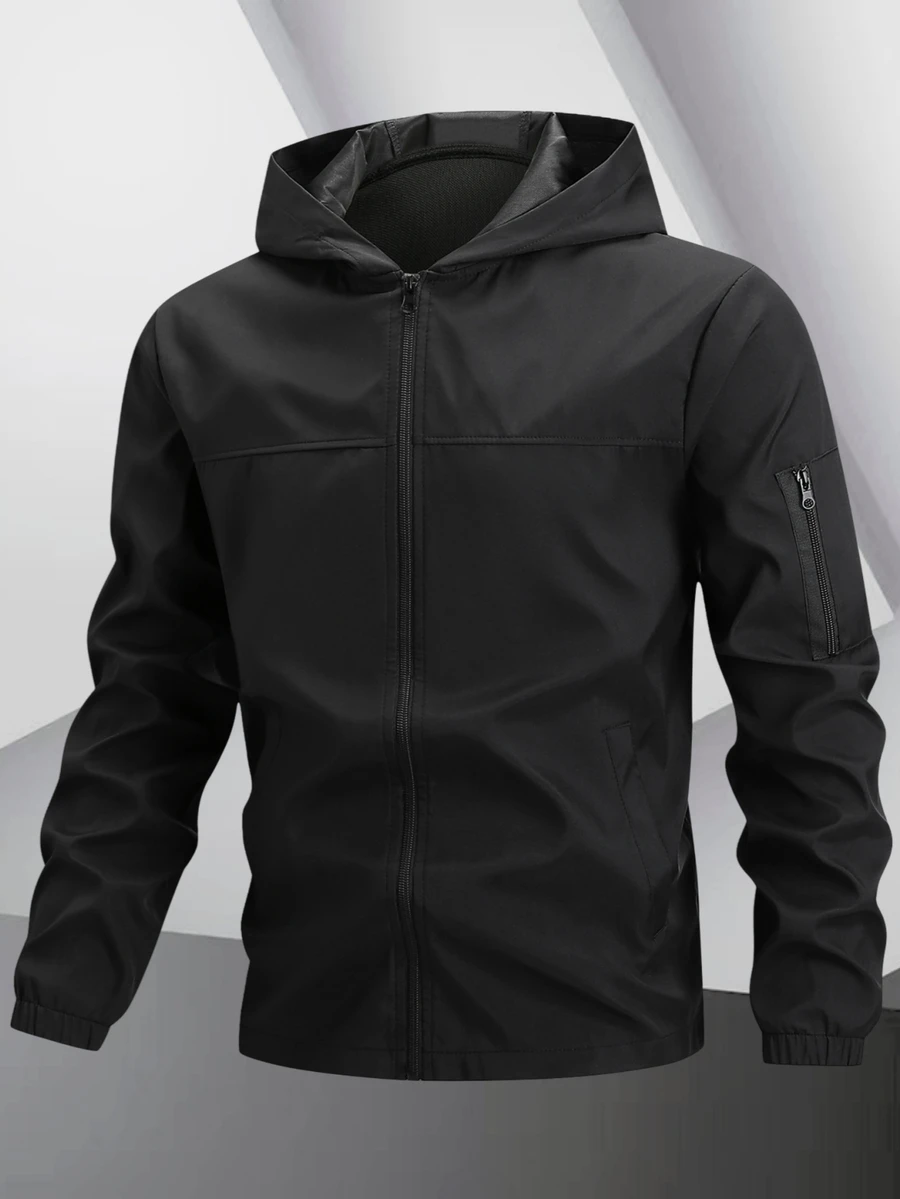 Manfinity Homme Jaket Outdoor Pria Abu-abu Muda Berkerudung Lengan Panjang untuk Olahraga dan Aktivitas Luar Ruangan, Jaket Pakaian Teknologi, Musim Gugur - Hitam - View 1