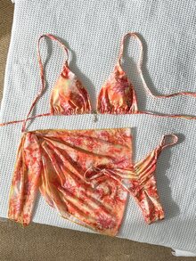 SHEIN Swim 女士随机印花露背金属装饰迷你裙三件套比基尼套装，春夏款 - 彩色 - 查看 3