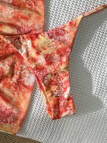 SHEIN Swim 女士随机印花露背金属装饰迷你裙三件套比基尼套装，春夏款 - 彩色 - 查看 6