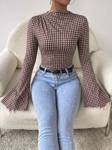 RosyDaze Women's Plaid Flared Sleeve Fitted Fashion Bodysuit - Burgundy - View 4