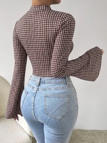 RosyDaze Women's Plaid Flared Sleeve Fitted Fashion Bodysuit - Burgundy - View 3
