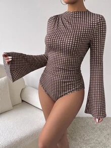RosyDaze Women's Plaid Flared Sleeve Fitted Fashion Bodysuit - Burgundy - View 10