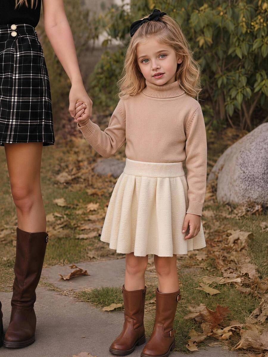 Souflis Souflis Young Girl Autumn/Winter Casual Solid Color Knit Skirt - Apricot - View 1