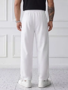 HUEFORM Men's American Street Style Patchwork Design Casual Sweatpants, White Elastic Waist Sports Casual Sweatpants - White - View 2