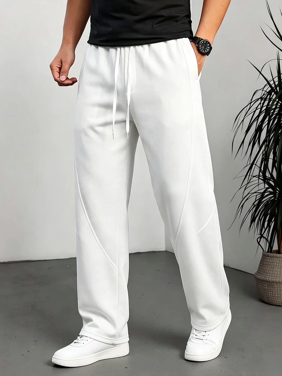 HUEFORM Men's American Street Style Patchwork Design Casual Sweatpants, White Elastic Waist Sports Casual Sweatpants - White - View 1