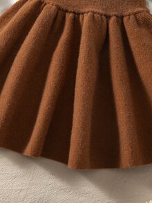 Souflis Souflis 女童素色彈力腰休閒百搭針織裙 秋冬款 - 棕色 - 查看 4