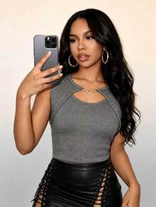 SHEIN BamGlam Grey Knit Vest With Metal Accessory Buttons, Hollow-Out Sleeveless Ribbed Casual Sexy Vest Top For Summer/ Night - Grey - View 10