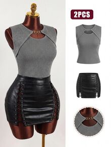 SHEIN BamGlam Grey Knit Vest With Metal Accessory Buttons, Hollow-Out Sleeveless Ribbed Casual Sexy Vest Top For Summer/ Night - Grey - View 5