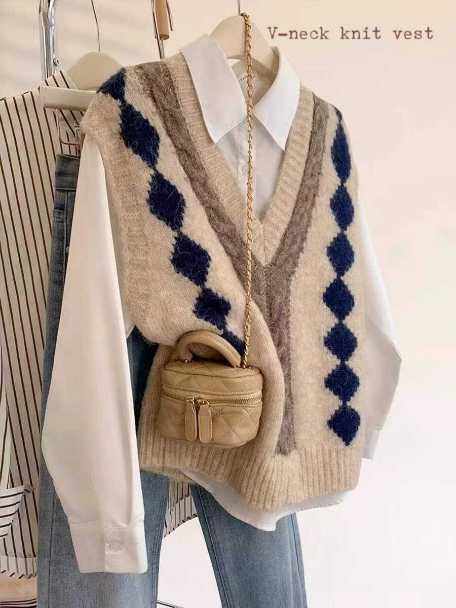 Resyla Fashionable Argyle Jacquard V-Neck Vest Jacket, Preppy Style - Brown - View 1