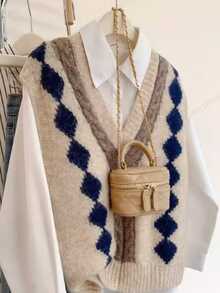 Resyla Fashionable Argyle Jacquard V-Neck Vest Jacket, Preppy Style - Brown - View 4