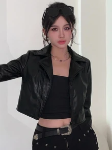 DAZY 女款黑色保暖內裡PU皮革夾克，寬鬆休閒短版機車街頭風外套，秋冬Y2K - 黑色 - 查看 7