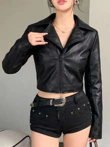 DAZY 女款黑色保暖內裡PU皮革夾克，寬鬆休閒短版機車街頭風外套，秋冬Y2K - 黑色 - 查看 10