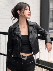 DAZY 女款黑色保暖內裡PU皮革夾克，寬鬆休閒短版機車街頭風外套，秋冬Y2K - 黑色 - 查看 11