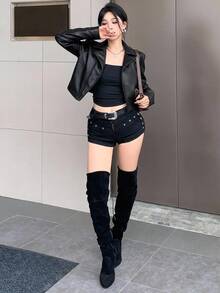 DAZY 女款黑色保暖內裡PU皮革夾克，寬鬆休閒短版機車街頭風外套，秋冬Y2K - 黑色 - 查看 6