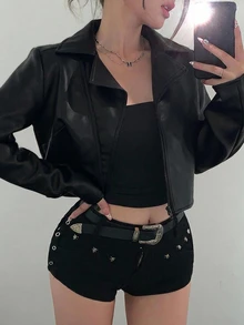 DAZY 女款黑色保暖內裡PU皮革夾克，寬鬆休閒短版機車街頭風外套，秋冬Y2K - 黑色 - 查看 2