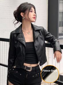 DAZY 女款黑色保暖內裡PU皮革夾克，寬鬆休閒短版機車街頭風外套，秋冬Y2K - 黑色 - 查看 4