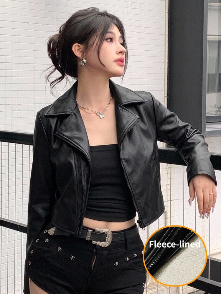 DAZY Women's Black Thermal Lined PU Leather Jacket, Loose Casual Short Motorcycle Street Style Outerwear, Autumn Winter Y2k - Black - View 4