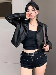 DAZY 女款黑色保暖內裡PU皮革夾克，寬鬆休閒短版機車街頭風外套，秋冬Y2K - 黑色 - 查看 12