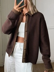 Livesso Women's Colorblock Casual French Versatile Daily Wear Cardigan Autumn Brunch Dark Brown Office Brunch - Brown - View 3