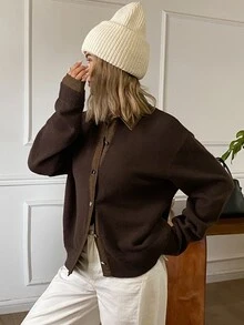 Livesso Women's Colorblock Casual French Versatile Daily Wear Cardigan Autumn Brunch Dark Brown Office Brunch - Brown - View 6