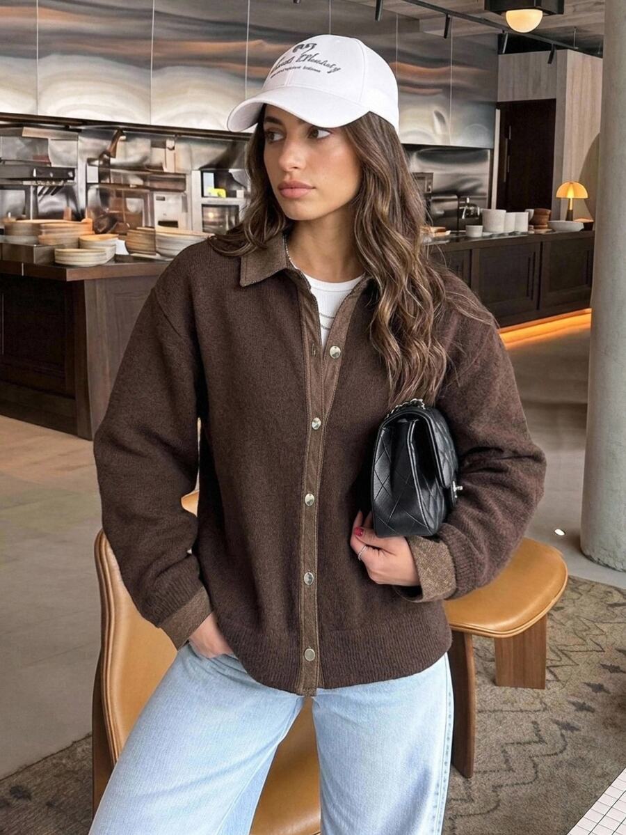 Livesso Women's Colorblock Casual French Versatile Daily Wear Cardigan Autumn Brunch Dark Brown Office Brunch - Brown - View 1