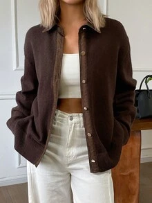 Livesso Women's Colorblock Casual French Versatile Daily Wear Cardigan Autumn Brunch Dark Brown Office Brunch - Brown - View 5