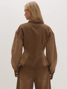 MUSEYN Brown Washed Denim Cinched Jacket Timeless Date Night Tailored Casual Everyday New Season Fall - Brown - View 4