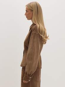 MUSEYN Brown Washed Denim Cinched Jacket Timeless Date Night Tailored Casual Everyday New Season Fall - Brown - View 3