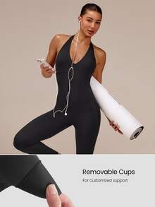 GLOWMODE بودي سوت قابل للتعديل بحمالة رقبة وتصميم ظهر مفتوح مع كؤوس قابلة للإزالة من FeatherFit™-Air Rep The Glow مقاس 24 بوصة، ملابس صيفية لليوغا والبيلاتس والاستوديو - الأسود - مشاهدة 5