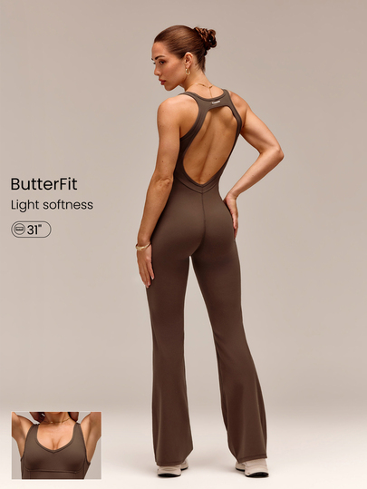 GLOWMODE 31" Quick-Dry Find Your Flare Open Back Flare Jumpsuit Bodysuit With Corset Details Removable Cups Low Impact Yoga Pilates Studio Daily Active Wear