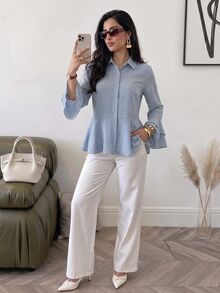 Solavon Kemeja Kasual Wanita Warna Polos Lengan Lonceng Kancing Tunggal - Biru - View 4