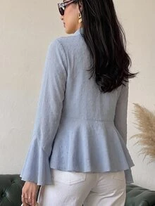 Solavon Kemeja Kasual Wanita Warna Polos Lengan Lonceng Kancing Tunggal - Biru - View 3