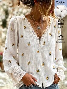 SHEIN Holidaya Autumn All Cotton Embroidered Lace Trim White Blouse, Elegant Women's Top With Exquisite Craftsmanship Embroidery Fabric, Suitable For Office, Commuting And Travel - White - View 2