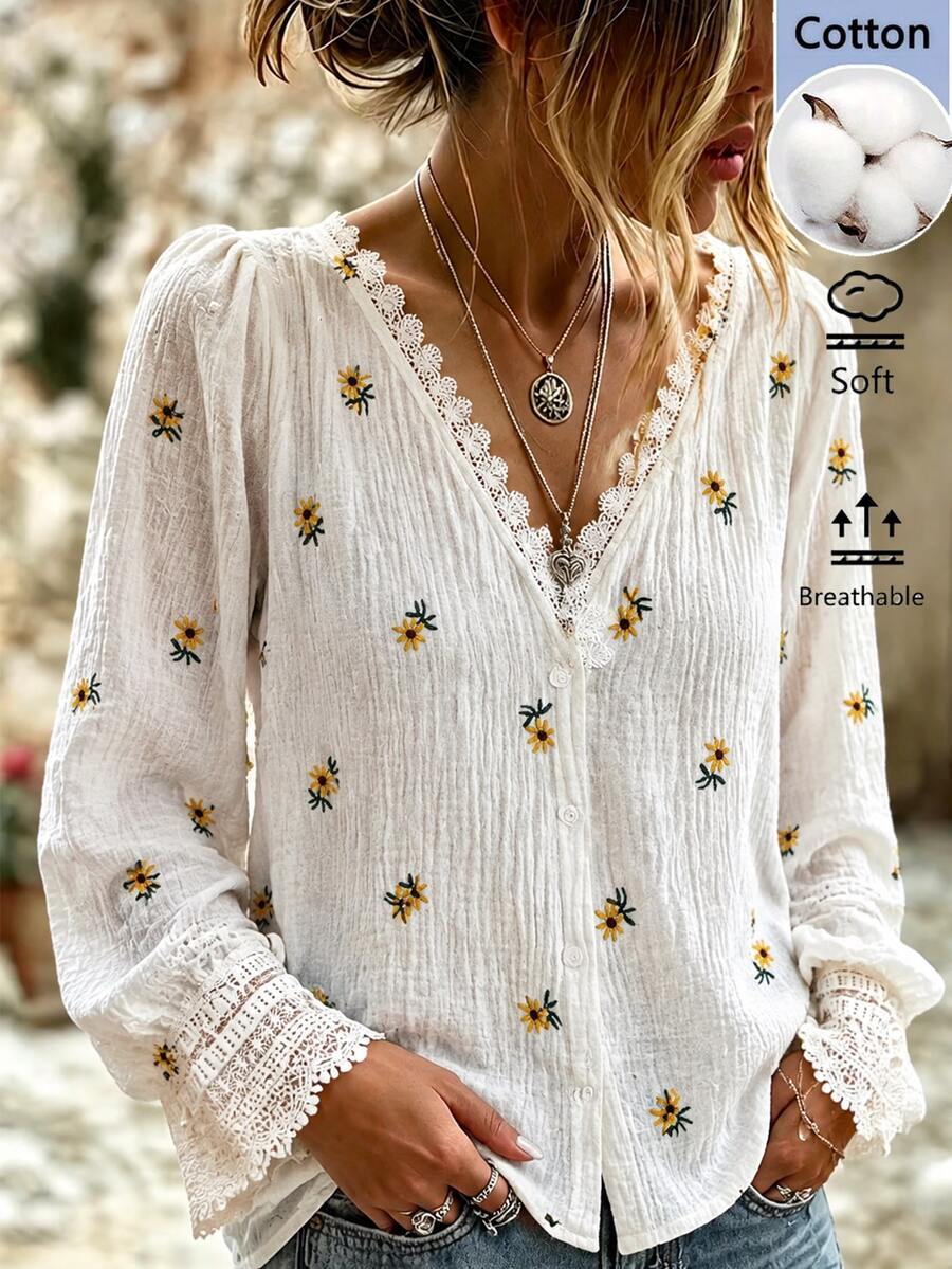 SHEIN Holidaya Autumn All Cotton Embroidered Lace Trim White Blouse, Elegant Women's Top With Exquisite Craftsmanship Embroidery Fabric, Suitable For Office, Commuting And Travel