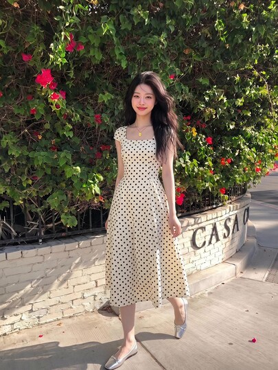 Skyraze White And Black Polka Dot Square Round Neck Cap Sleeve Midi Dress 1960s Vintage French 70s Old Money Back To School Graduation Dress Vacation Summer