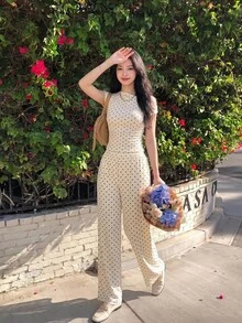 Skyraze Women's Polka Dot Pattern Asymmetrical Shoulder Ruched Top And Pants Fashion Set - Apricot - View 9