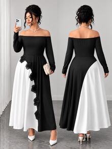 Elenzga Elegant Long Floral Patchwork Dress For Women Dinner Party Black And White Autumn - Black - View 4