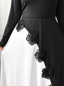 Elenzga Elegant Long Floral Patchwork Dress For Women Dinner Party Black And White Autumn - Black - View 7